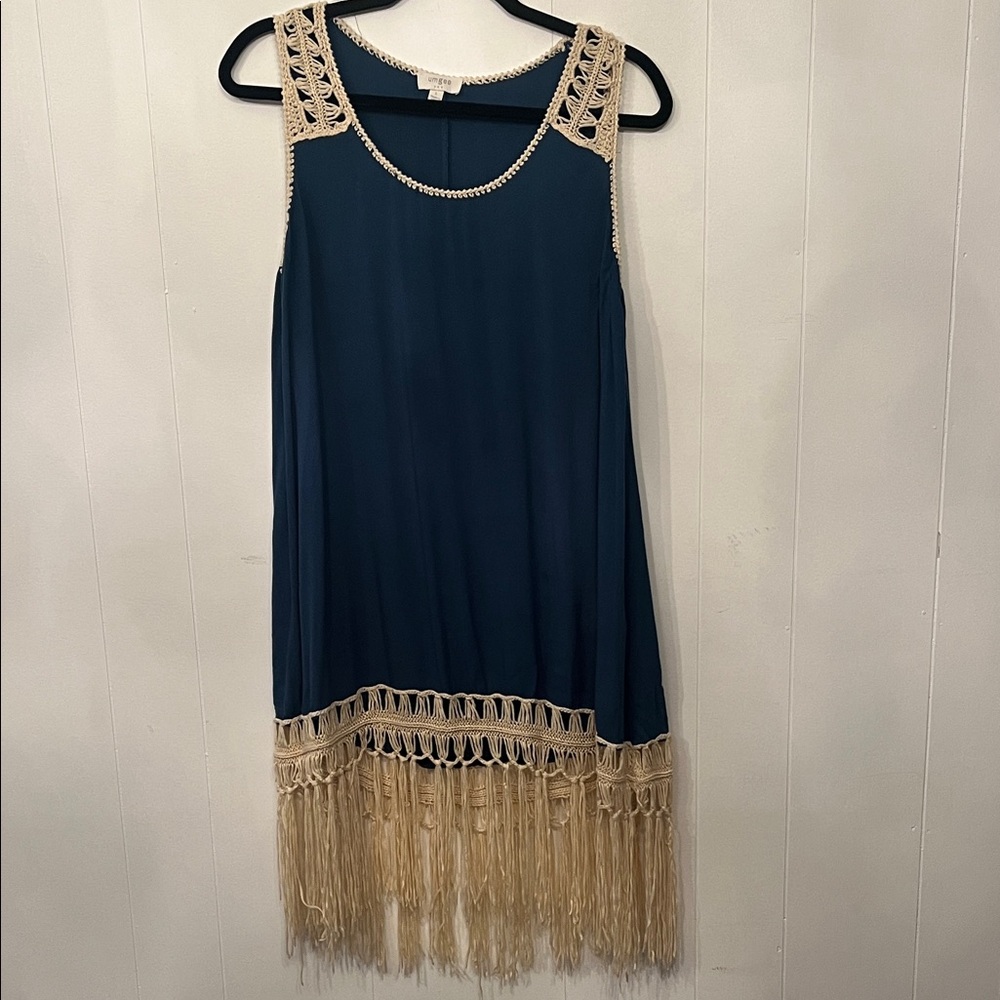 Navy Sleeveless Fringe Crochet-Trim Dress